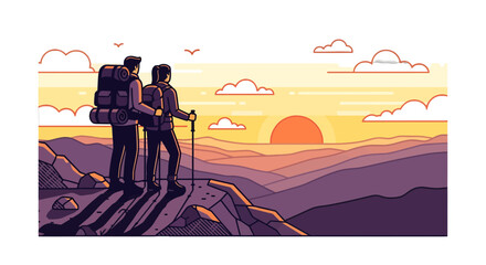 Adventurous Couple Admiring Sunset Over Mountainous Terrain During Hiking Expedition