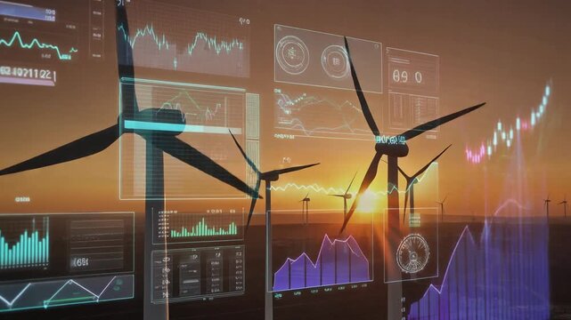 Wind Turbines Silhouette At Sunset With Animated Data Visualization Overlaid For Energy Analysis - Powered by Adobe