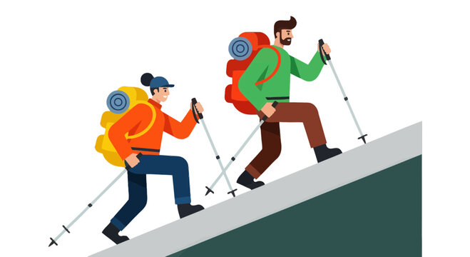 Adventurous Couple Ascending A Mountain Slope With Trekking Poles During A Hike