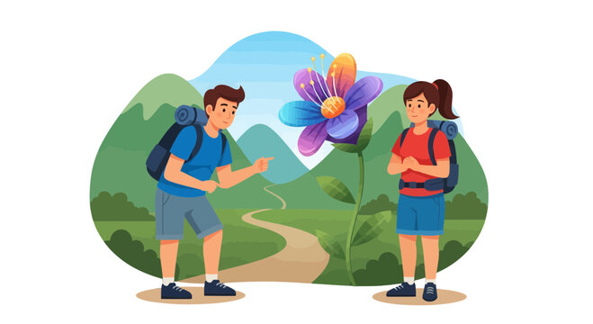 Adventurous Couple Discovering a Vibrant Blooming Floral Wonder in Nature's Embrace