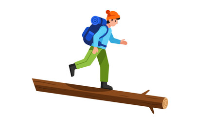 Adventurous Hiker Balancing on a Log While Traversing Through Woodland Trails