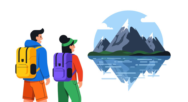 Adventurous Couple Observe Majestic Mountain Scenery, Experiencing Nature's Grandeur Together