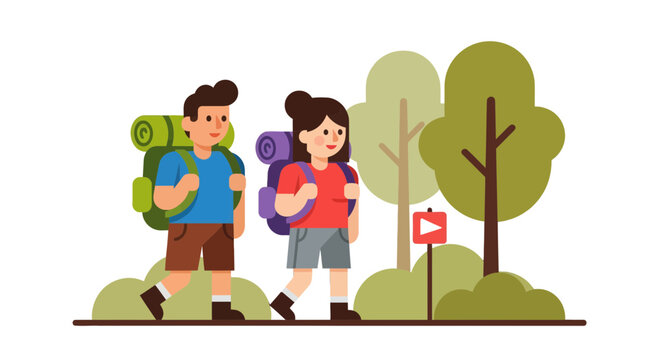 Adventurous Couple Journeying Together Through Forest, Illustration for Nature Explorers