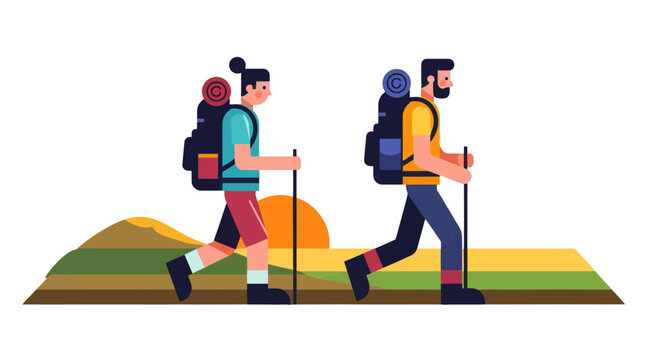 Adventurous Couple Traversing Nature's Path Under Spectacular Sunset Illustration