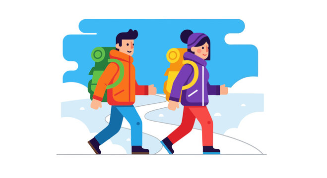 Adventurous Couple Traversing Snowy Terrain with Backpacks on a Winter Hiking Expedition