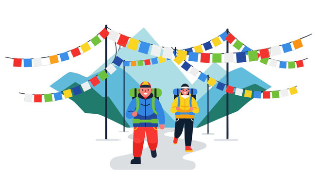 Adventurous Couple Traversing Mountainous Terrain Beneath Auspicious Prayer Flags Expedition