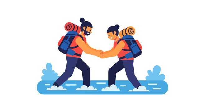 Adventurous Couple Traversing Water Together, Symbolizing Partnership and Resilience