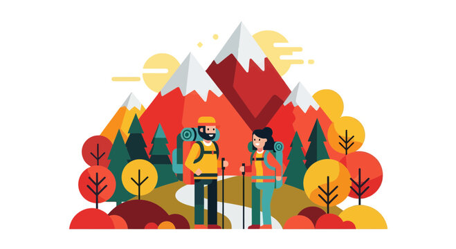 Adventurous Couple Trekking Through Majestic Mountains with Delightful Autumnal Scenery