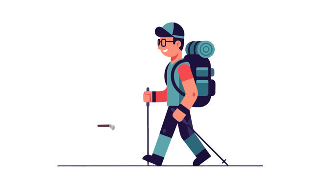 Adventurous Hiker Smiling While Walking With Hiking Gear And Backpack