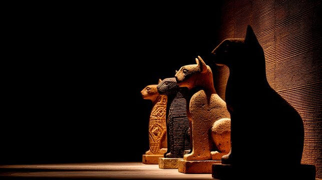 Row of ancient feline sculptures illuminated by dramatic side lighting against a dark background