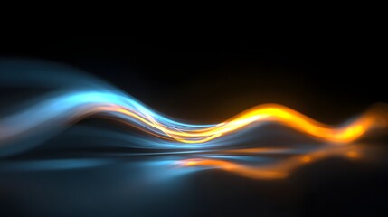 Abstract composition features flowing light trails in cool blue and warm orange tones against a dark backdrop