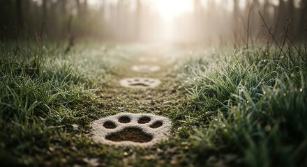 Dog Paw Prints on Dewy Grass Path in Forest During Sunrise