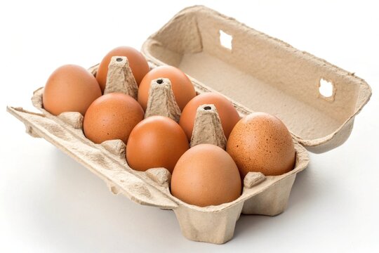A dozen brown eggs in a cardboard egg carton on a white background