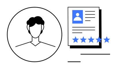 User profile icon next to document showcasing personal details with a five-star rating. Ideal for recruitment, HR, performance reviews, online profiles, digital identity, apps, resumes