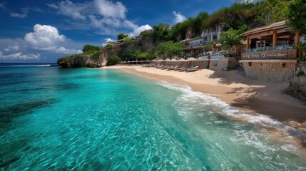 Fototapeta premium Serene Beach Scene with Crystal Clear Water, Luxurious Resort, and Lush Tropical Landscape Under Bright Blue Sky