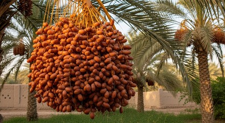 Date Palm Fruit Cluster Hanging in Orchard with Green Foliage and Sunny Sky