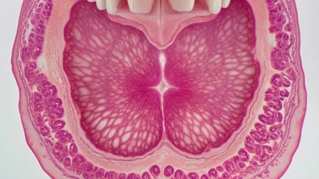 Microscopic cross-section of a human circumvallate papilla, showing detailed tissue structure and taste buds