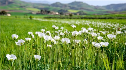 Fototapeta premium A field of white poppy flowers in the foreground, with green grass and hills behind. The blurred background highlights the poppies, showcasing the peaceful Algerian countryside landscape.
