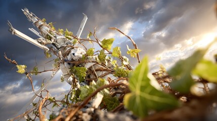 Fototapeta premium Metal structure overgrown with ivy, dramatic sky
