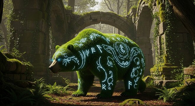 Mystical Forest Guardian - A Bear with Glowing Markings.
