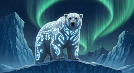 Fototapeta premium Mystical Polar Bear Illuminated by Aurora Borealis in Arctic Landscape.