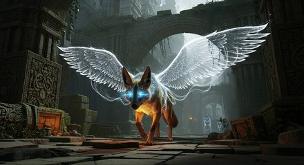Mystical Winged Wolf Guardian with Glowing Eyes in Ancient Ruins.