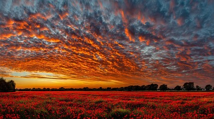 A stunning sunset over a red poppy field in the English countryside, casting long shadows and creating a vibrant, enchanting atmosphere that captures nature’s beauty at its most captivating moment.