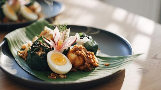 Presenting Indonesian Nasi Liwet Dish with Egg and Flower Decoration