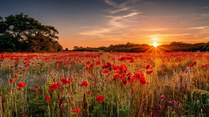 A stunning sunset over a red poppy field in the English countryside, casting long shadows and creating a vibrant, enchanting atmosphere that captures nature’s beauty at its most captivating moment.