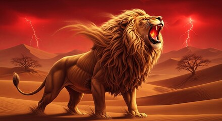 Roaring Lion in a Dramatic Desert Landscape with Lightning.