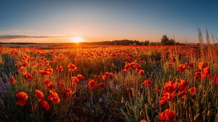 A stunning sunset over a red poppy field in the English countryside, casting long shadows and creating a vibrant, enchanting atmosphere that captures nature’s beauty at its most captivating moment.
