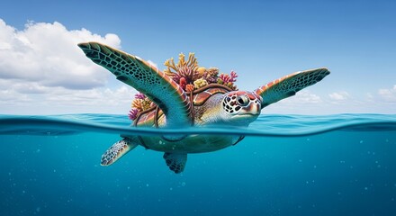 Sea Turtle with Coral Growing on its Shell Swimming in the Ocean.