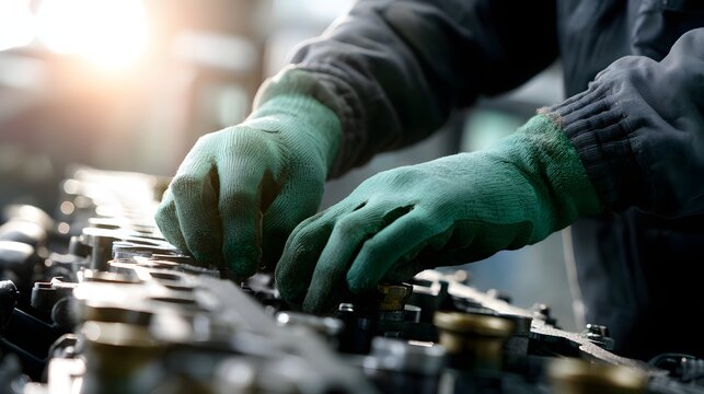 Skilled mechanic adjusts complex metallic engine components with protective hand coverings