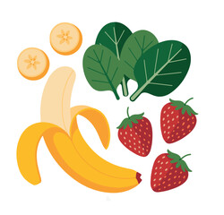 Peeled banana slices strawberries and green spinach leaves illustration strawberry fruit