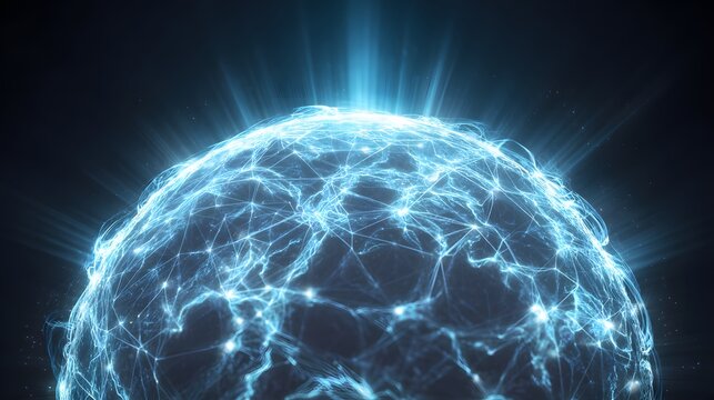 Glowing blue sphere displays intricate network structure radiating bright light against dark background