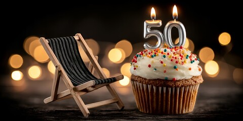 Celebrating a 50th milestone birthday with a beach themed party highlighted by a festive cupcake and miniature beach chair decoration.
