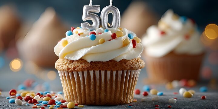 A delicious vanilla cupcake is decorated with sprinkles and candle number fifty for a celebratory occasion or milestone event.