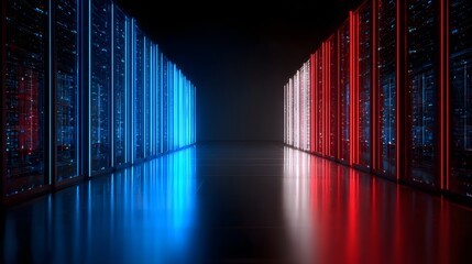 Digital data storage racks glow with contrasting blue and red neon illumination inside a dark corridor
