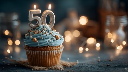 A delicious cupcake with light blue frosting and number fifty candle signifies a golden 50th birthday celebration with bokeh background lights.