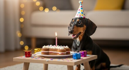Dachshund Dog Wearing Party Hat Celebrating Birthday with Cake and Gifts Indoors
