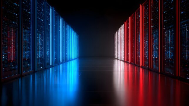 Digital data storage racks glow with contrasting blue and red neon illumination inside a dark corridor