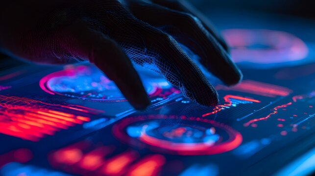 Human finger interacts with complex glowing digital interface displaying charts and graphs