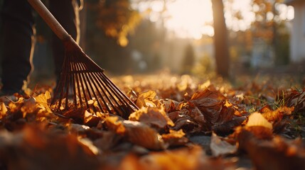 Person gathers fallen autumn foliage using a wide rake on a sunny day