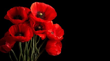 A beautiful bouquet of vibrant red poppies against a black background, captured in natural lighting, creating a striking and high-quality image with ample space for text or copy.