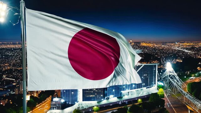 Japanese flag proudly waving high over a vibrant city at night