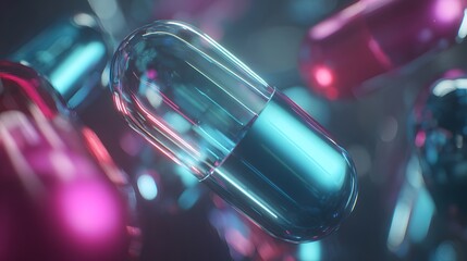 Translucent capsules with vibrant blue and magenta illumination float in a dark setting
