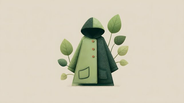Stylized hooded garment featuring dual green tones and organic foliage elements is centered against a muted backdrop