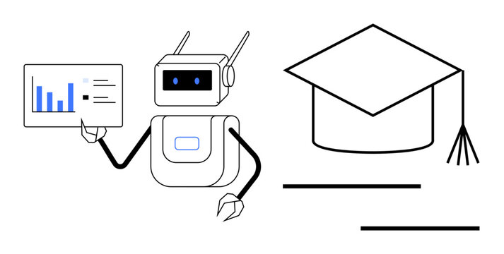 Robot presenting statistical data on a chart next to a graduation cap. Ideal for AI in education, e-learning, online courses, innovation, data analysis, training, future concepts. A simple flat