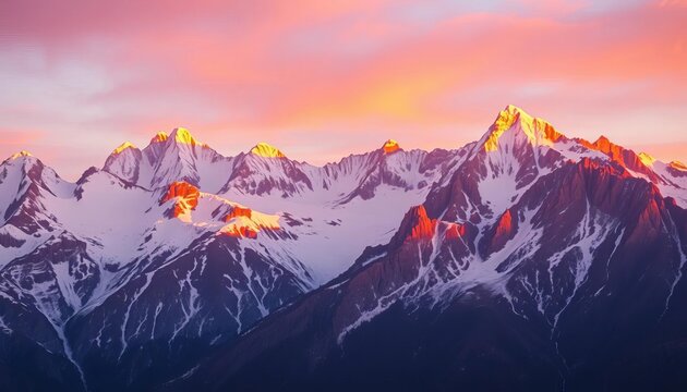 Majestic mountain range at sunrise, snow-capped peaks reflecting golden light,  trekking,  photography