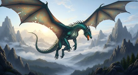 Majestic Blue and Green Dragon Flying Over Mountain Landscape with Clouds and Forest
